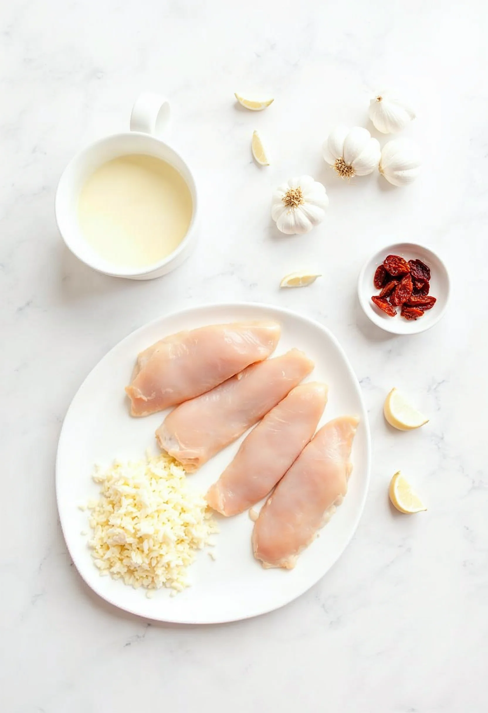 Ingredients for Marry Me Chicken laid out on a marble surface.