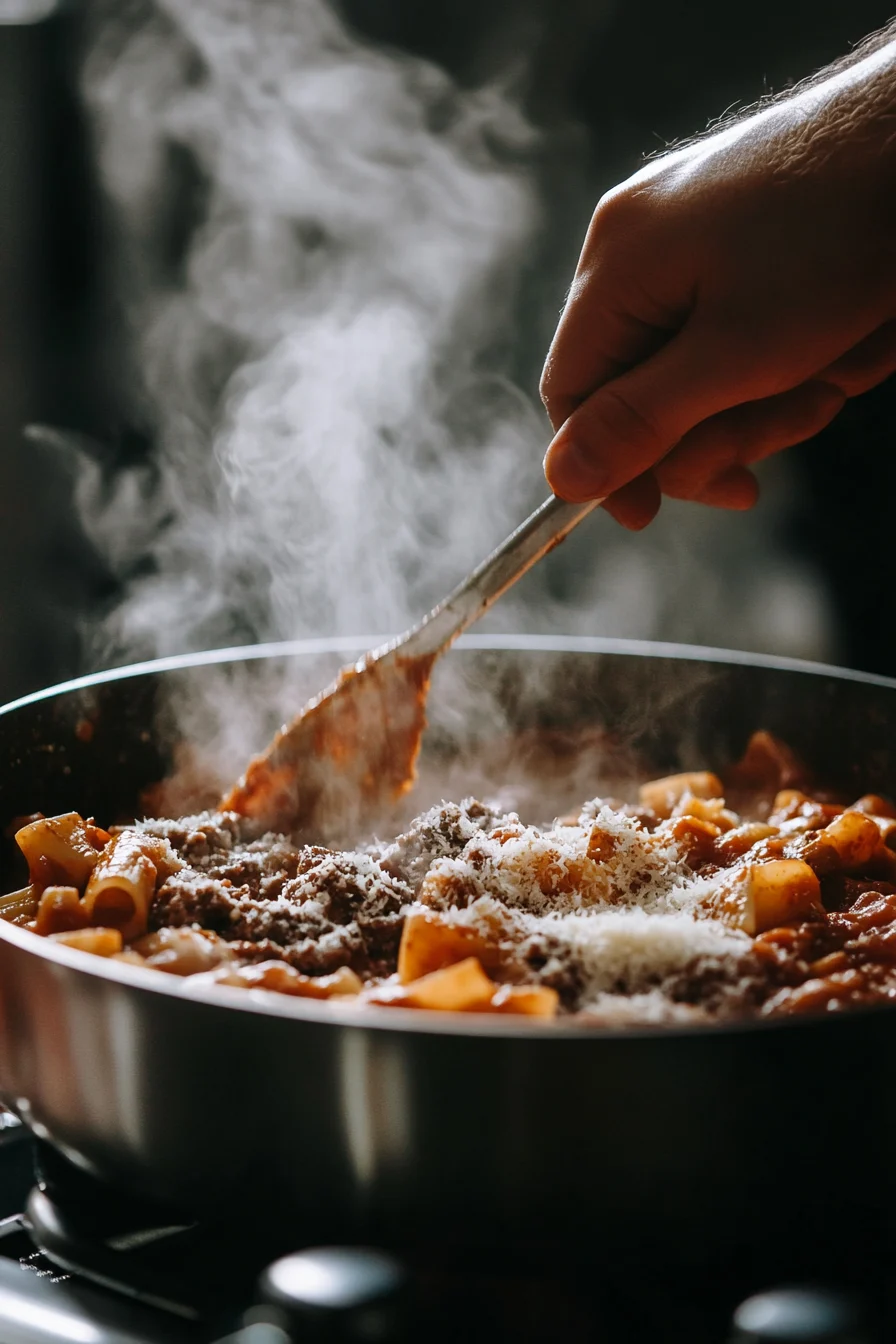 Mixing cooked pasta and seasoned ground beef in a pot, with tomato sauce being poured in, creating a rich Beefaroni base.