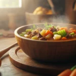 A rustic bowl of old-fashioned vegetable beef soup with chunks of beef and vegetables, surrounded by fresh ingredients.