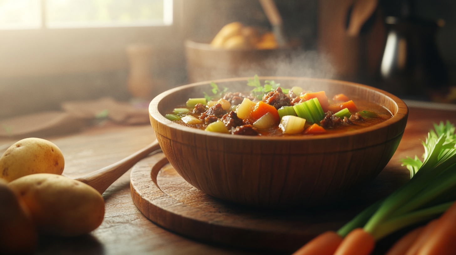 A rustic bowl of old-fashioned vegetable beef soup with chunks of beef and vegetables, surrounded by fresh ingredients.