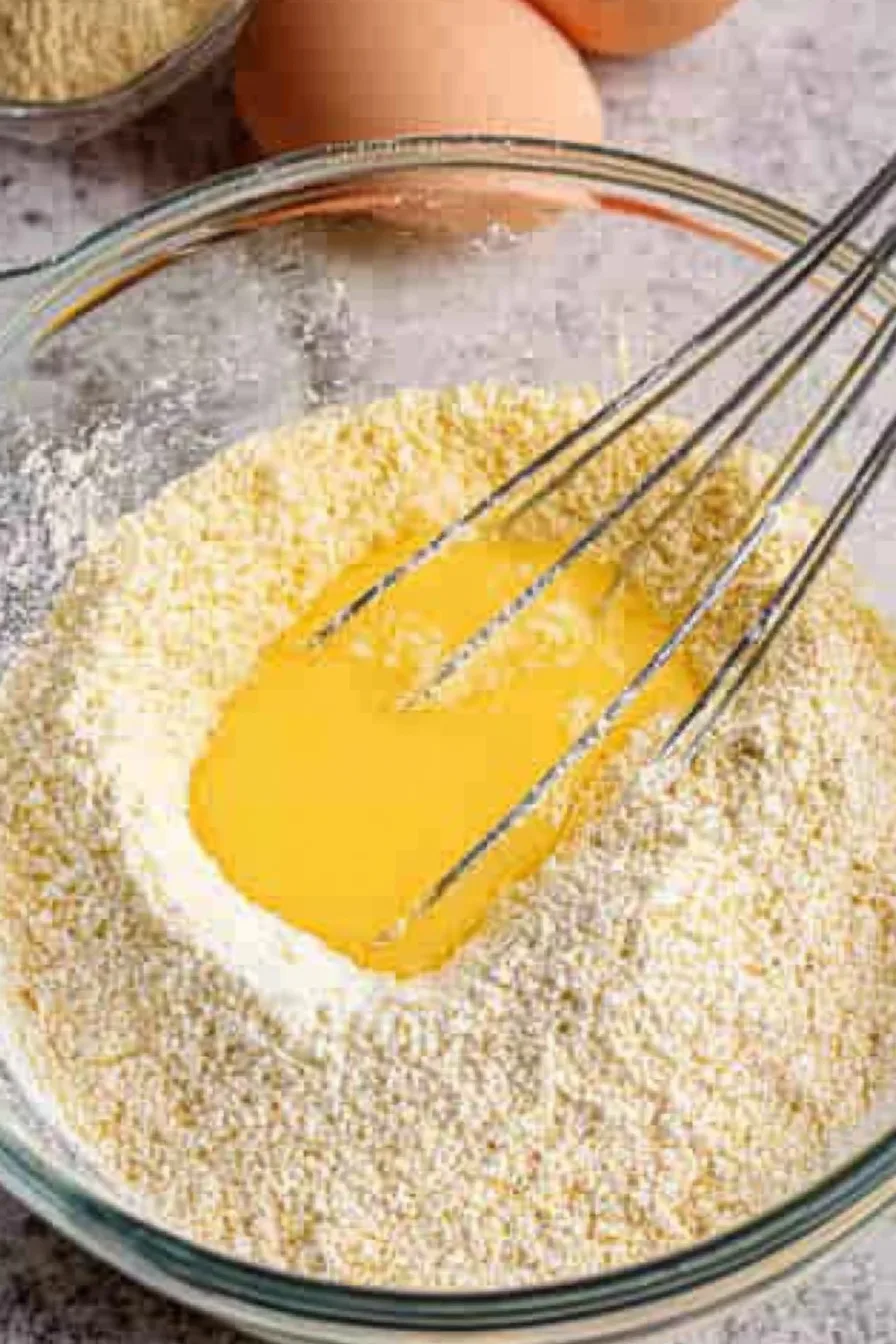 Bowl of pancake batter with ingredients like flour, eggs, and a whisk.