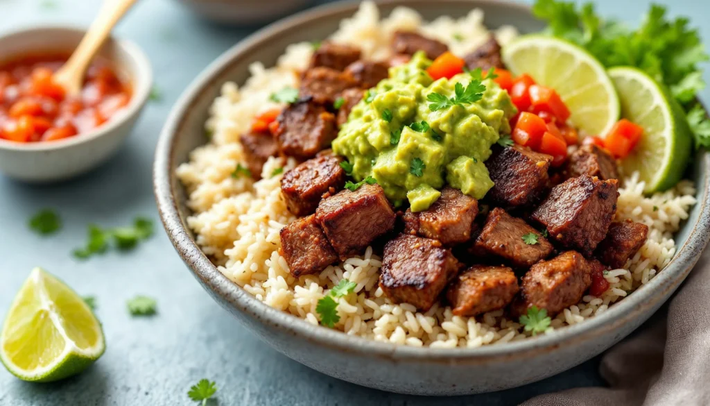 Grilled chipotle steak with char marks, garnished with lime and cilantro.