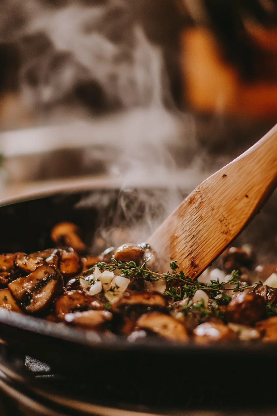  A skillet filled with golden-brown mushrooms, garlic, and herbs, releasing steam as they cook.