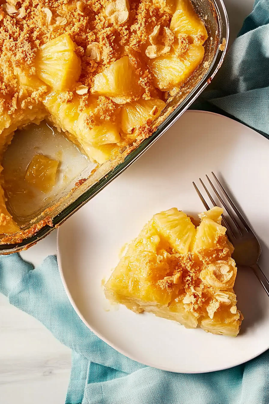 A serving of pineapple casserole on a white plate, showcasing its juicy pineapple filling and crumbly golden topping.