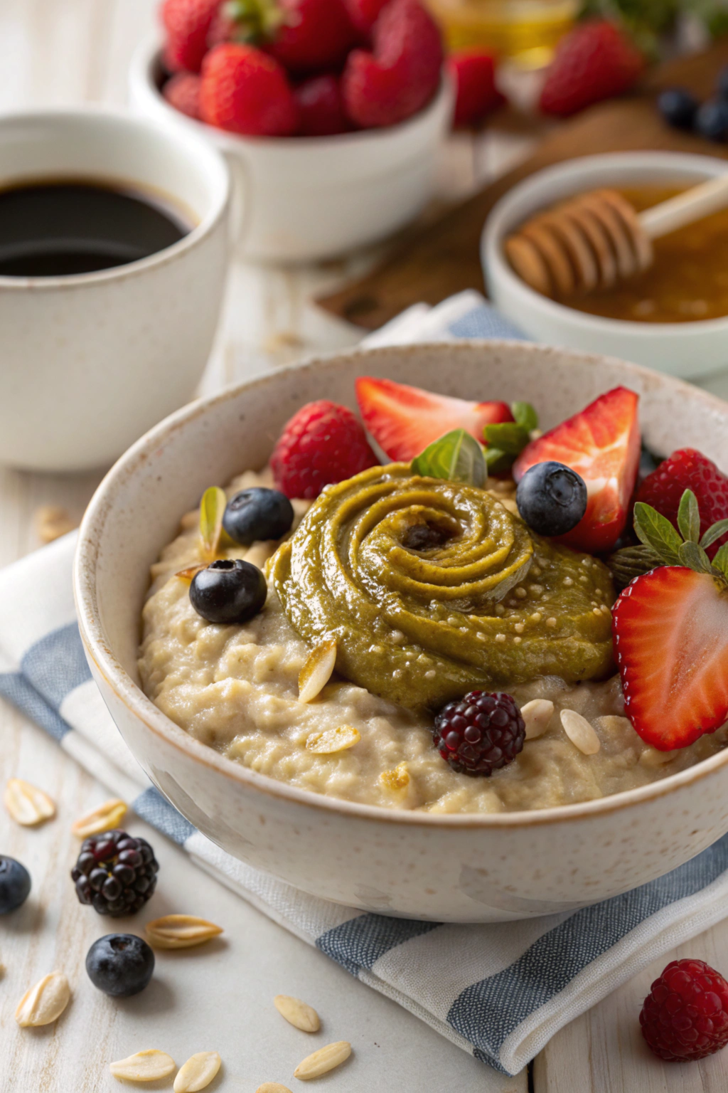 Oatmeal topped with pistachio butter, berries, and honey