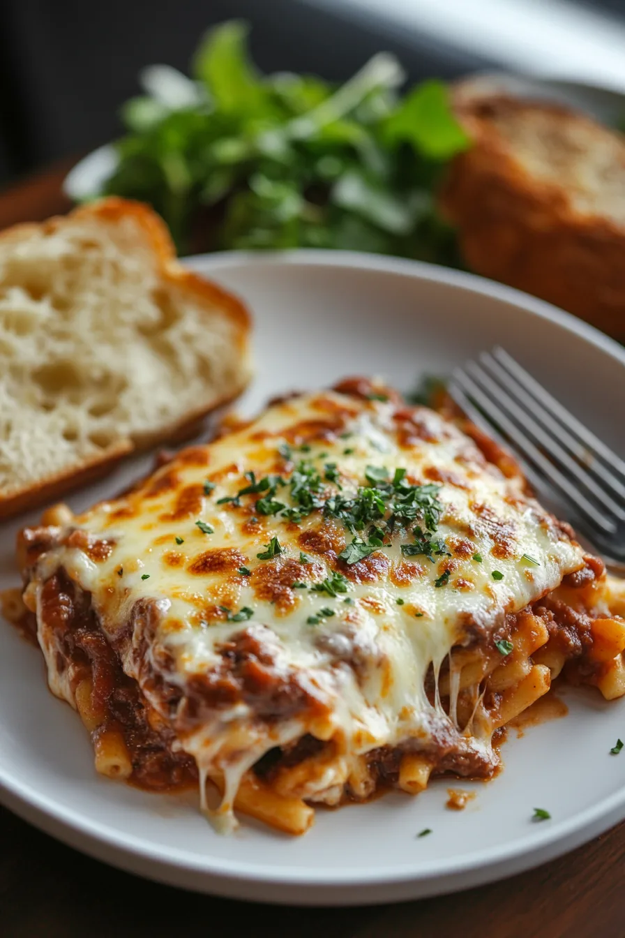 A serving of Beefaroni on a white plate, topped with melted cheese and parsley, served with garlic bread and a green salad.