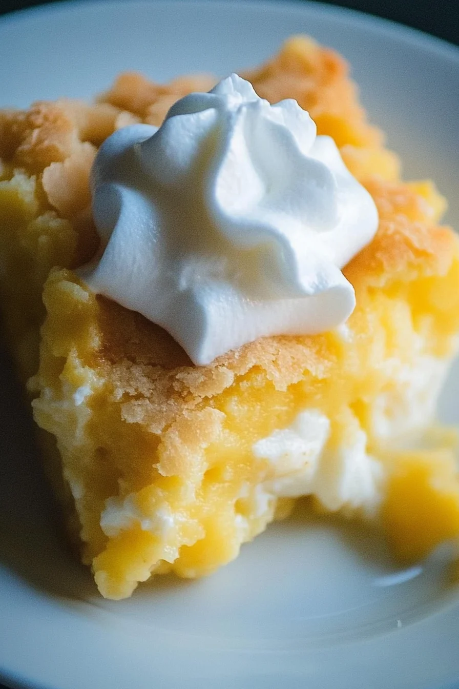 A slice of Lemon Cream Cheese Dump Cake on a dessert plate, garnished with whipped cream and fresh blueberries.