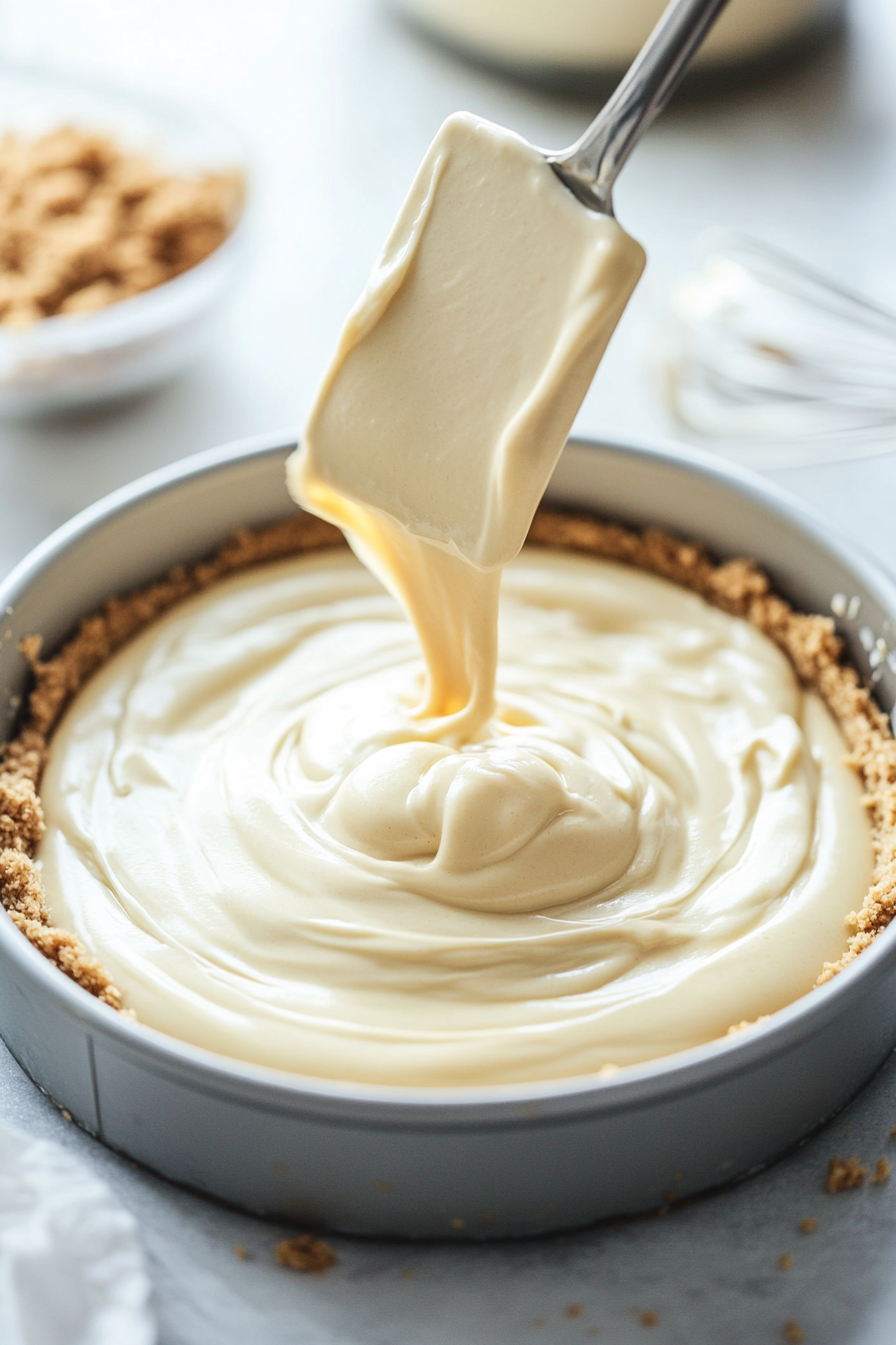 Cheesecake batter being poured into a graham cracker-lined springform pan.