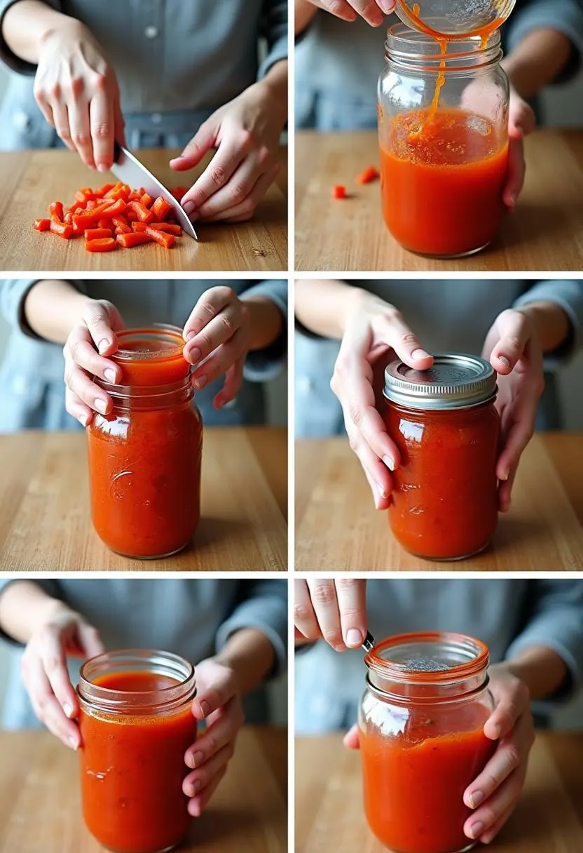 Step-by-step process for preparing fermented hot pepper sauce, from chopping peppers to sealing jars.