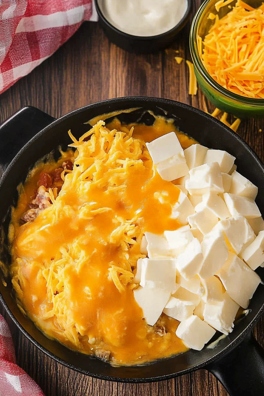 Steps for preparing smoked queso dip, including melting cheese in a skillet on a smoker and stirring the ingredients.