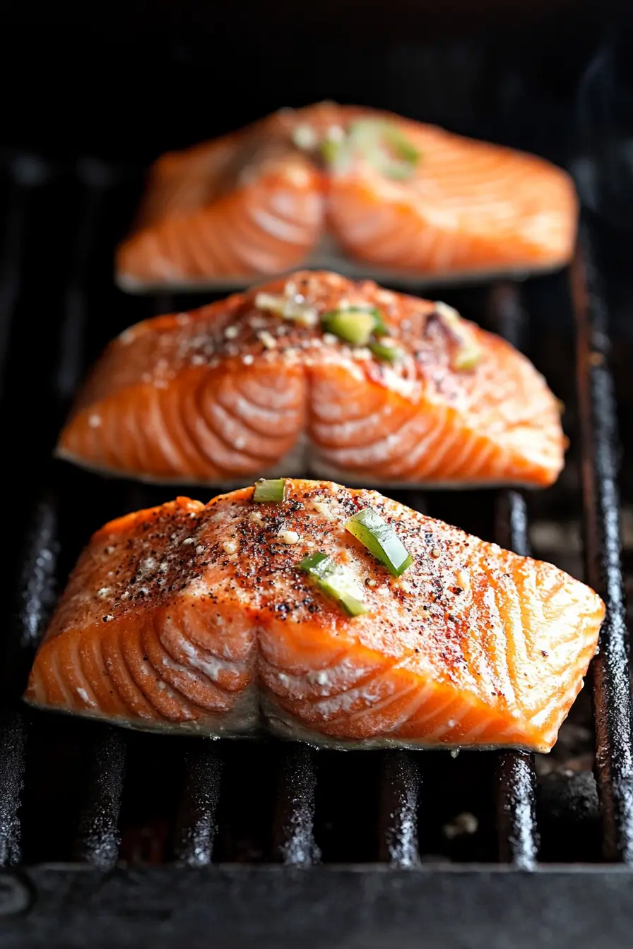 Salmon fillets grilling with perfect char marks and a smoky flavor.