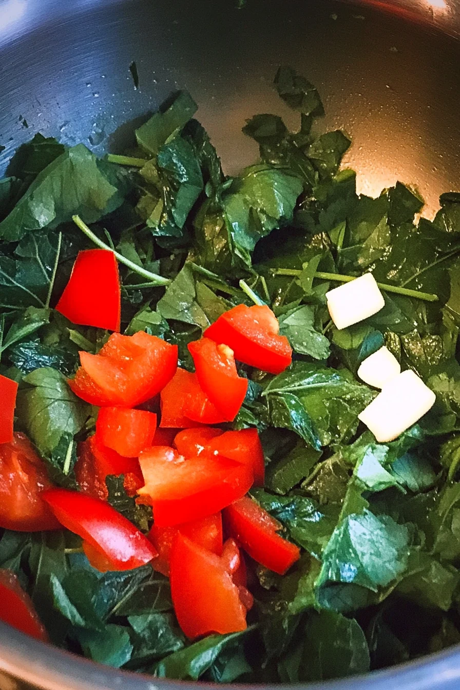 A mouth-watering overhead view of pumpkin leaf stir-fry, featuring vibrant greens, garlic, and spices in a rustic skillet, perfect for health-conscious food lovers.