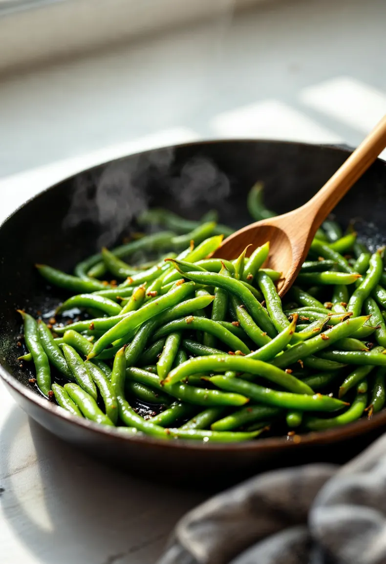 Top-down view of a cast-iron skillet with green beans being seasoned with spices from a glass bowl held by a hand, featuring red and green spices, minimalist white background, and natural warm lighting.