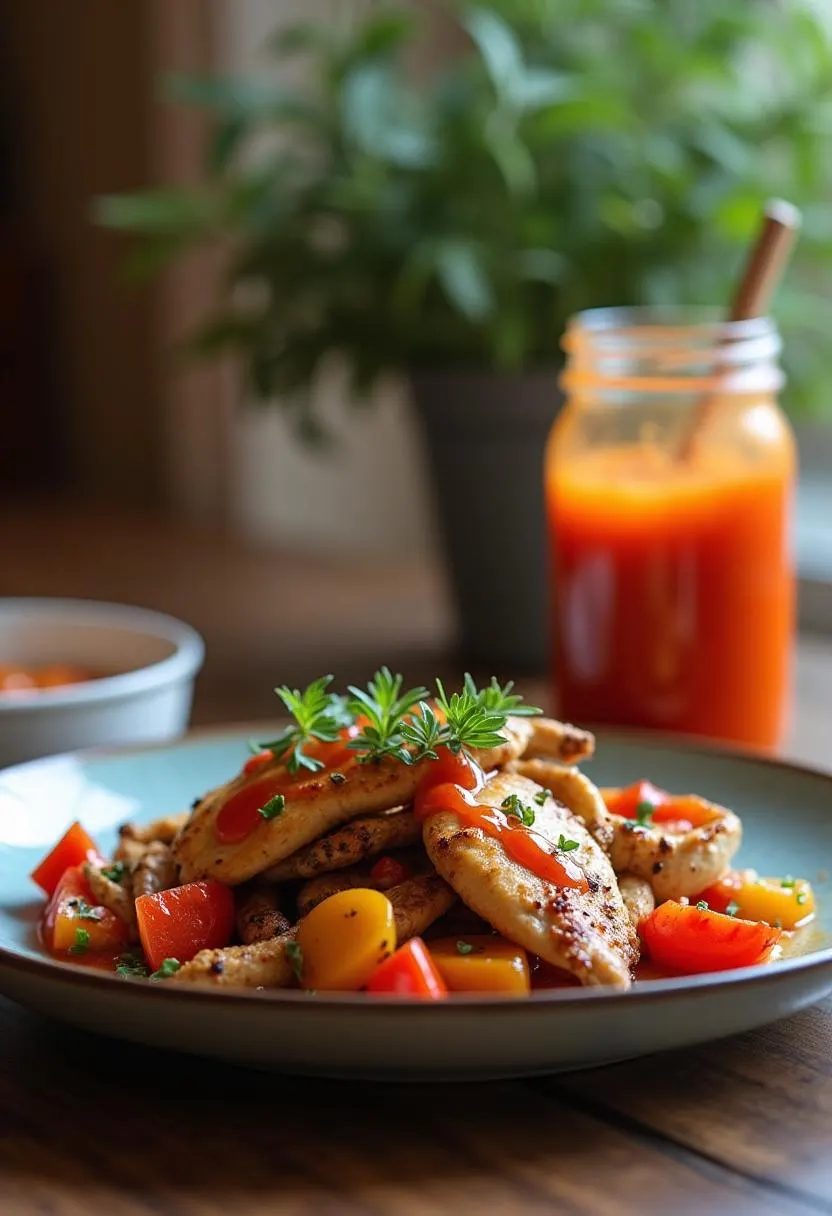 Grilled chicken topped with fermented hot pepper sauce, served with roasted vegetables.