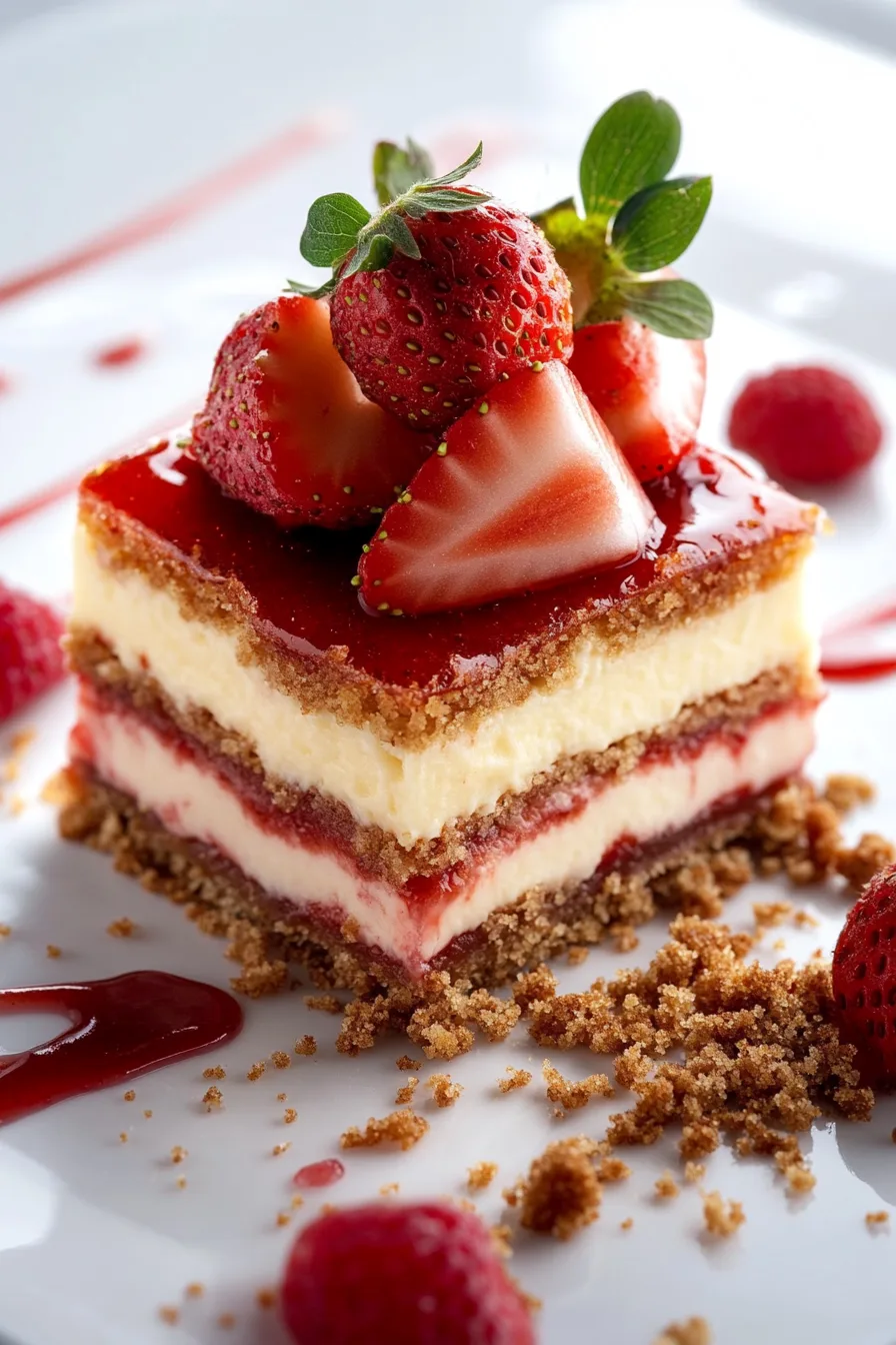 Philadelphia Cheesecake Bars served on a white plate, garnished with fresh strawberries, mint leaves, and powdered sugar, with a fork beside the plate.