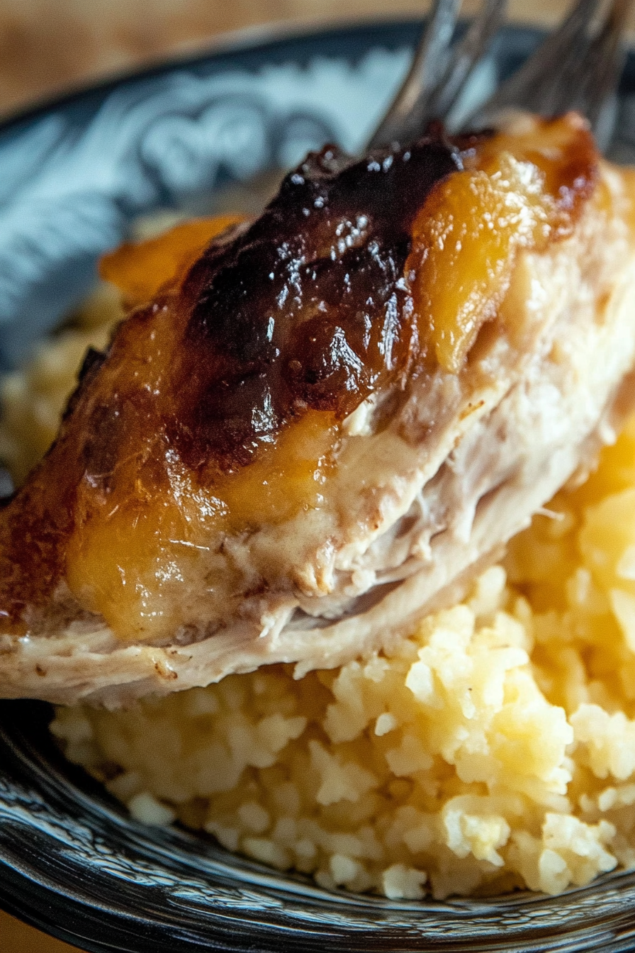 Chicken cooking in a slow cooker with herbs and spices being added, with steam rising.