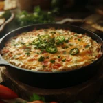 A cast iron skillet filled with smoked queso dip, garnished with jalapeños, green onions, and bacon, served with chips and veggies.