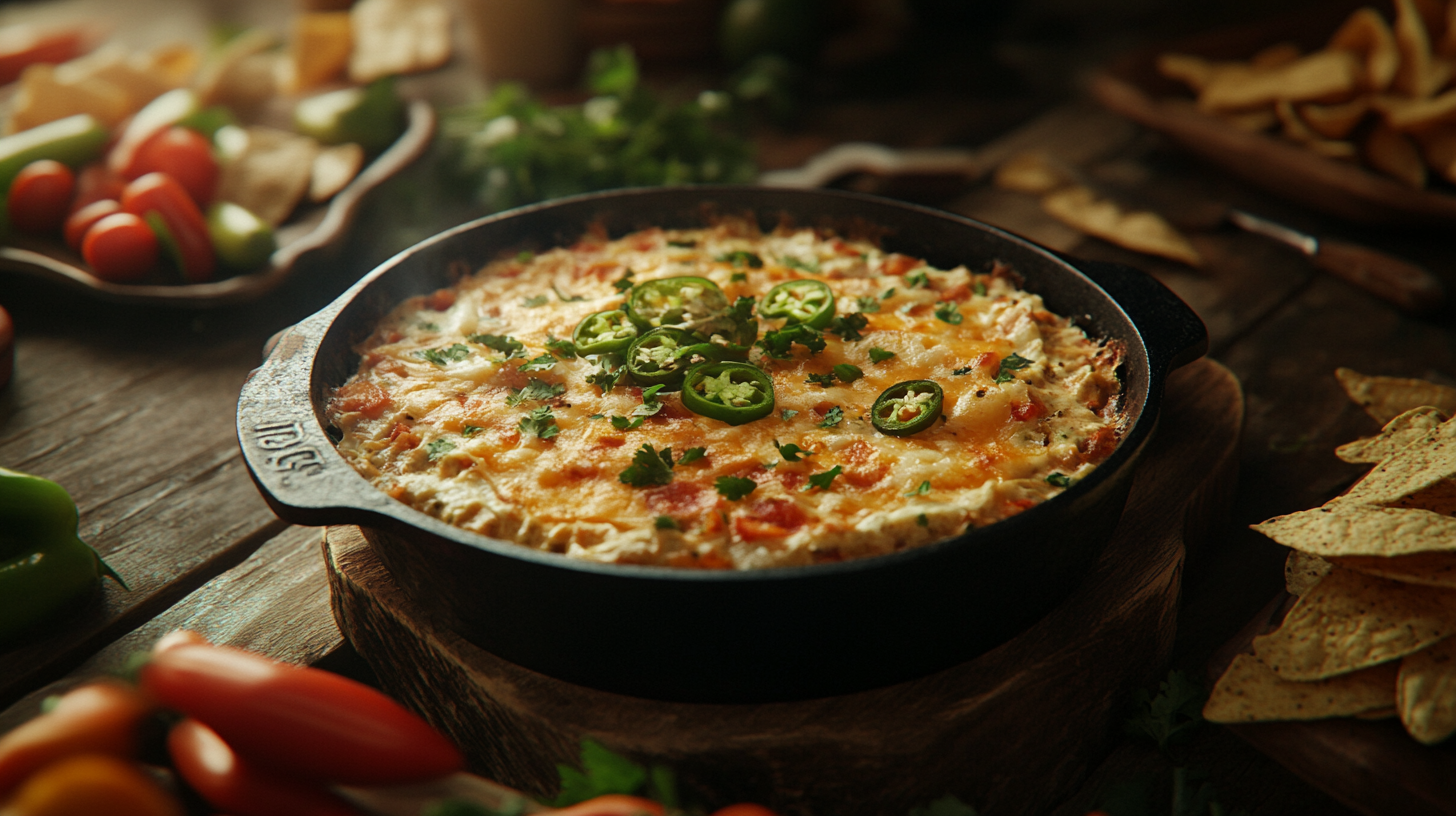 A cast iron skillet filled with smoked queso dip, garnished with jalapeños, green onions, and bacon, served with chips and veggies.