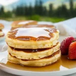 A stack of golden-brown mini pancakes with melted butter and syrup dripping down.