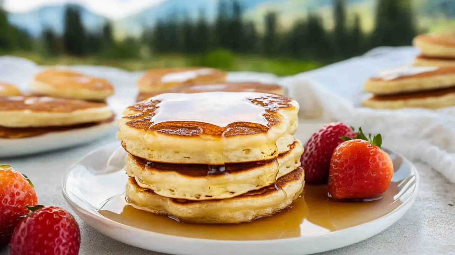 A stack of golden-brown mini pancakes with melted butter and syrup dripping down.