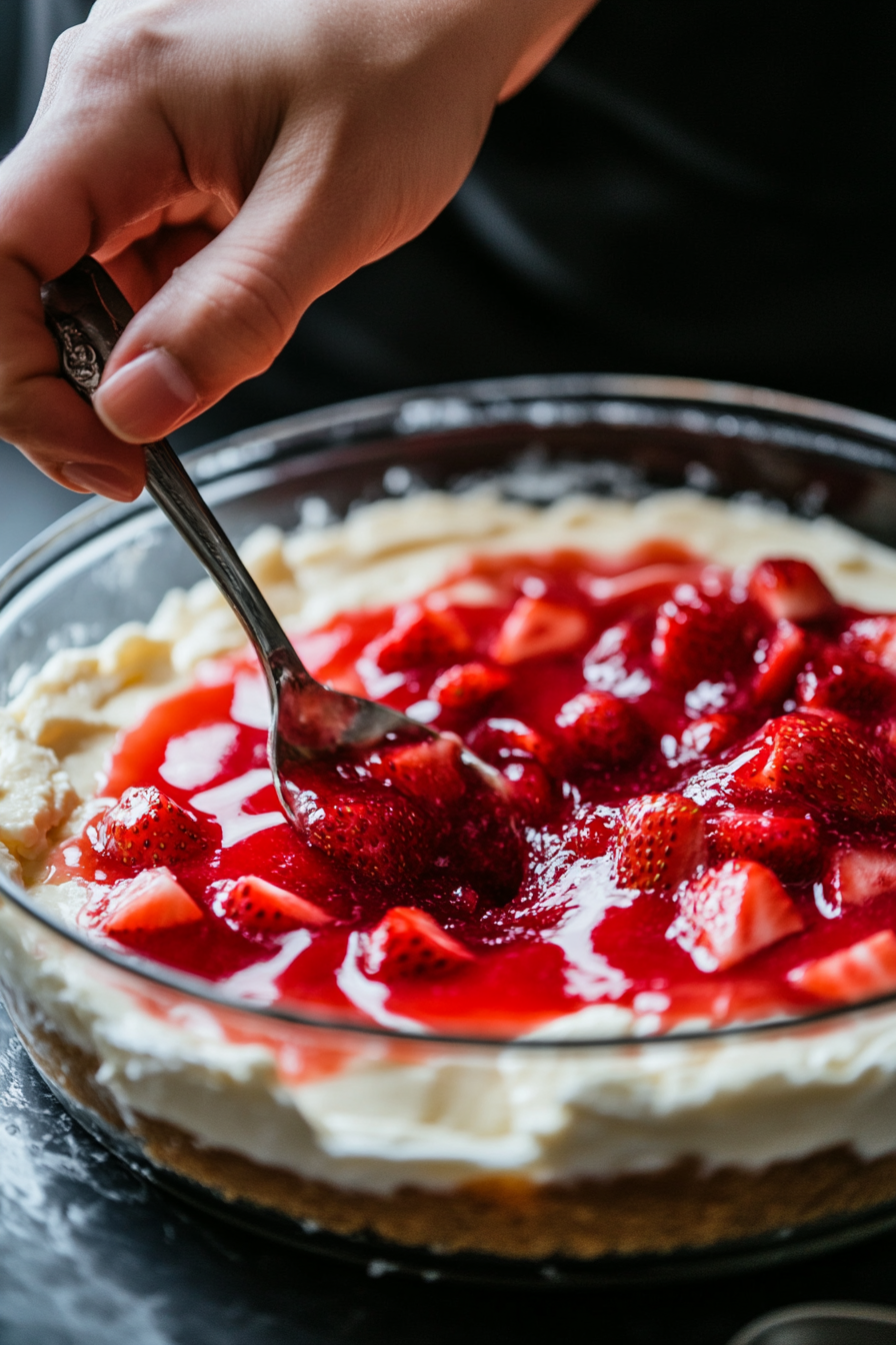 Step-by-step process of making Philadelphia Cheesecake Bars, including mixing cream cheese, crushing graham crackers, pouring batter, and adding strawberry glaze.