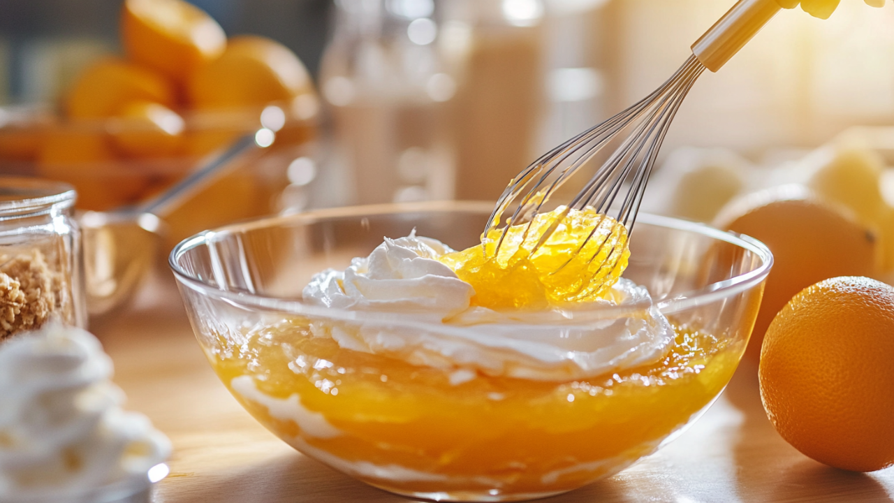 Step-by-step images of making Orange Dreamsicle Salad, showing mixing, folding, and combining ingredients.