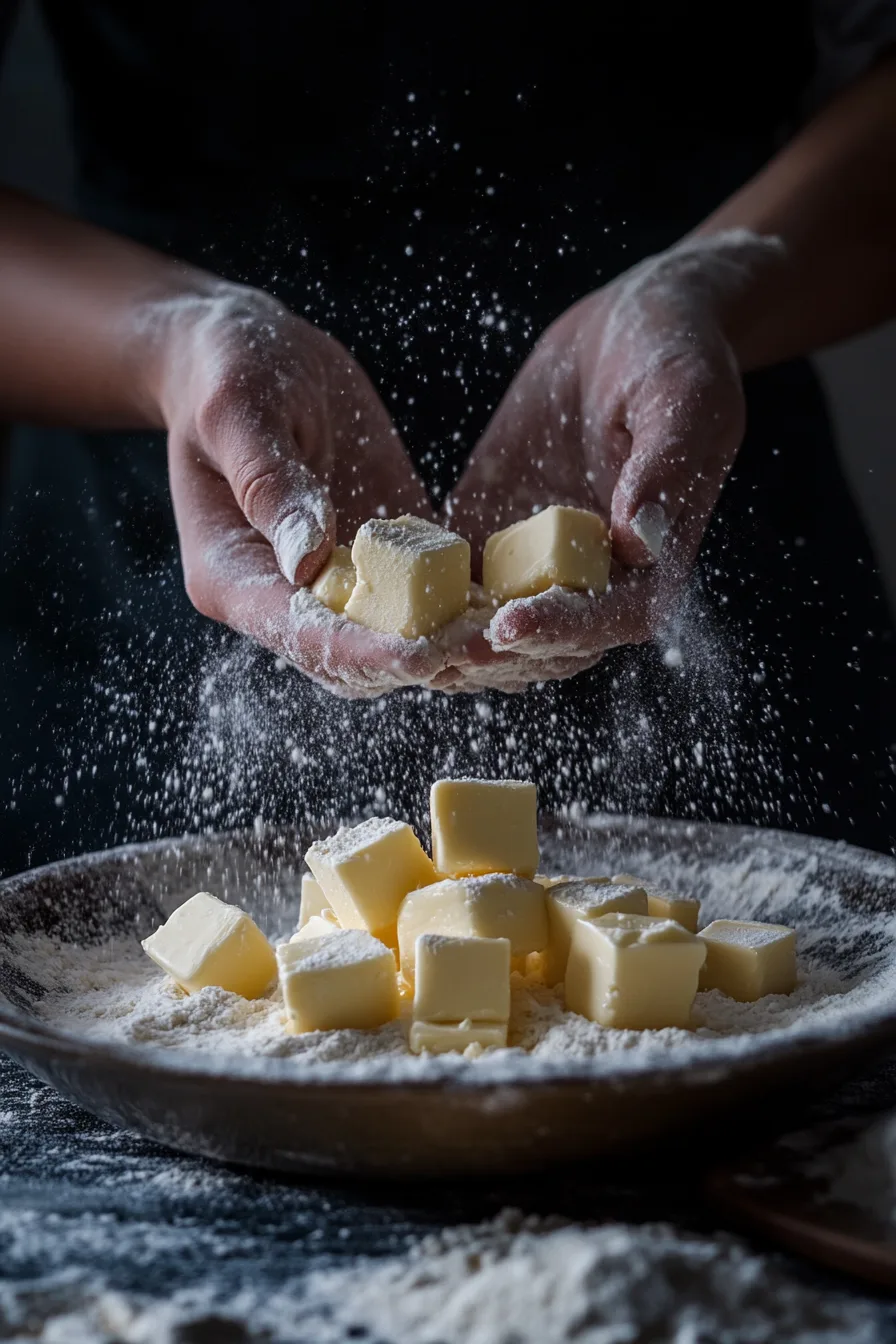 Hands cutting cold butter into flour in a rustic kitchen setting, preparing the base for a perfectly flaky pie crust.