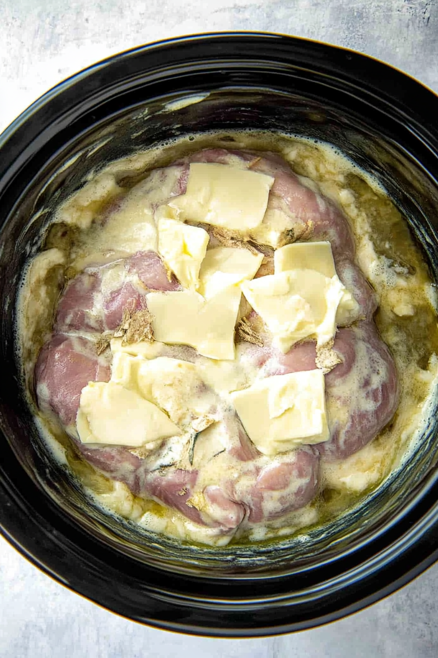 Overhead view of Crockpot Ranch Chicken and Potatoes being prepared with layered chicken, potatoes, cream cheese, and ranch seasoning.