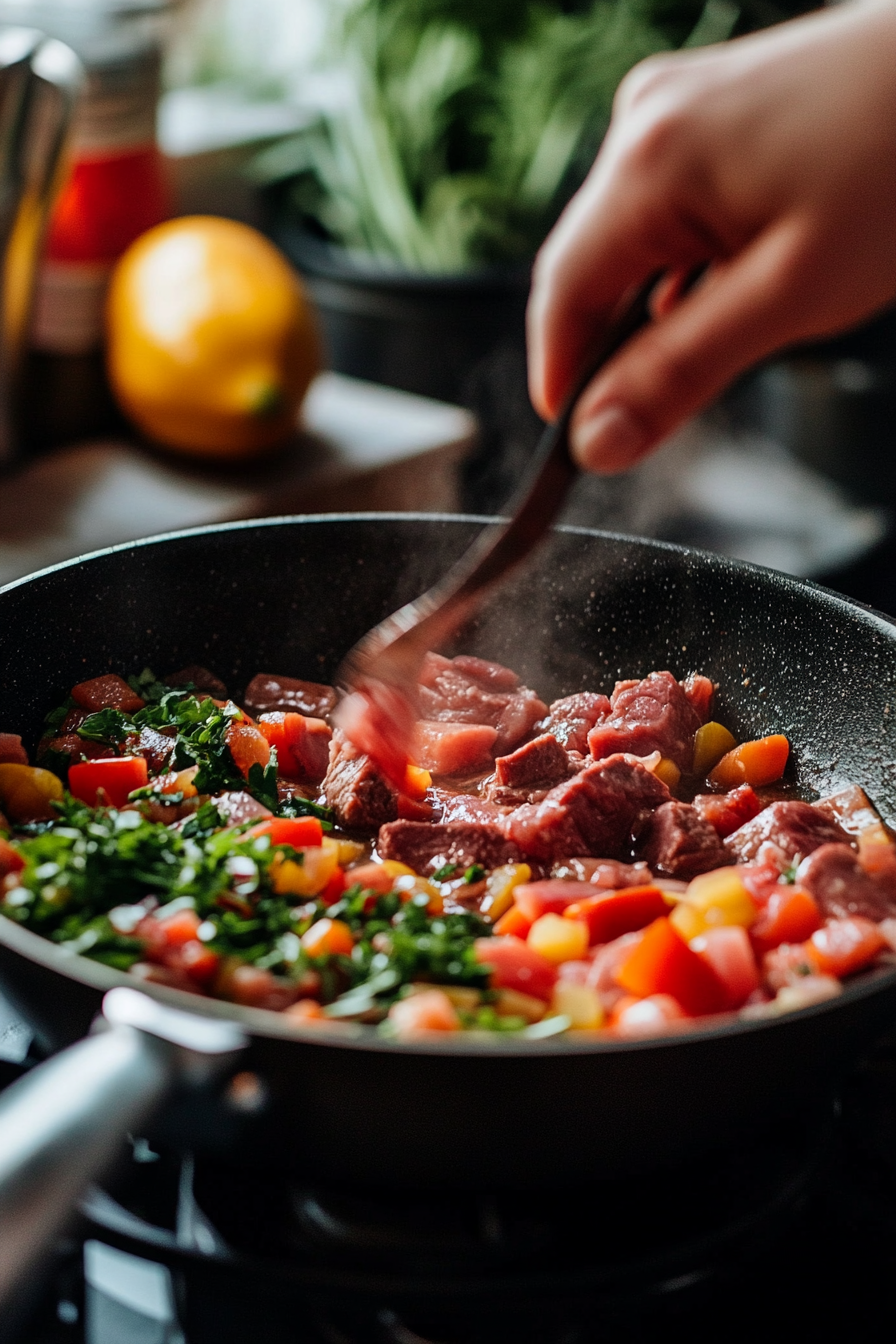 Sequential preparation of vegetable beef soup: beef searing in a skillet, vegetables being chopped, and ingredients layered in a pot.