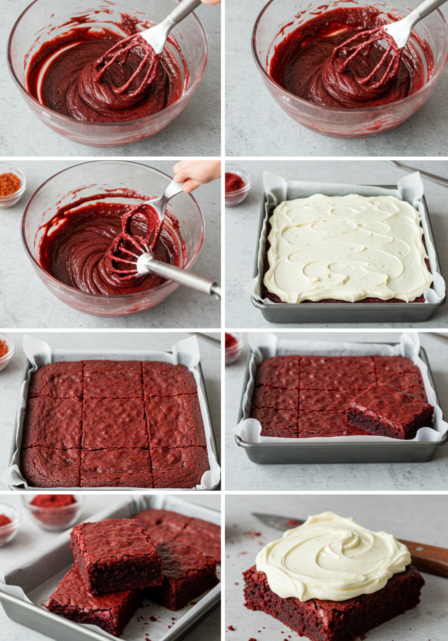 A collage of images showing the process of making red velvet brownies, from mixing the batter to frosting the brownies.