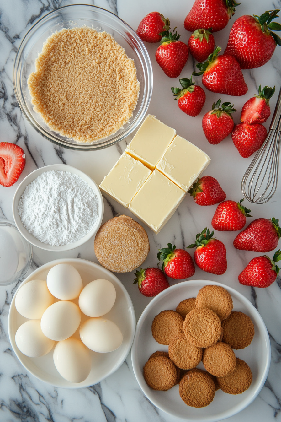 Ingredients for Strawberry Crunch Cheesecake displayed on a marble countertop.