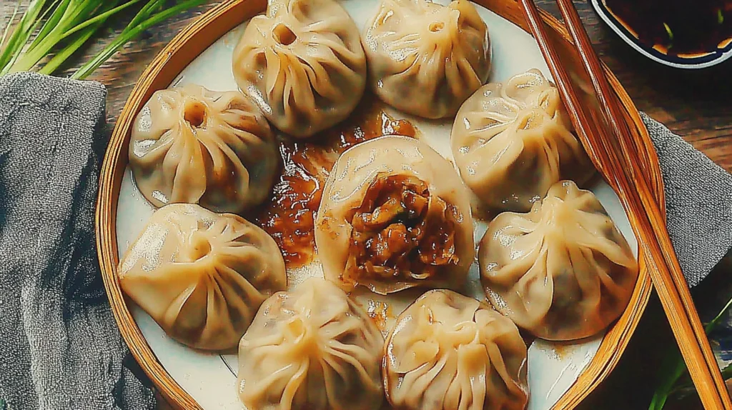 Close-up of steaming vegan soup dumplings with delicate folds, showcasing their gourmet plant-based appeal.