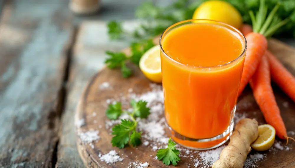 Freshly made carrot juice garnished with parsley, surrounded by carrots, ginger, and lemon slices on a rustic wooden table.