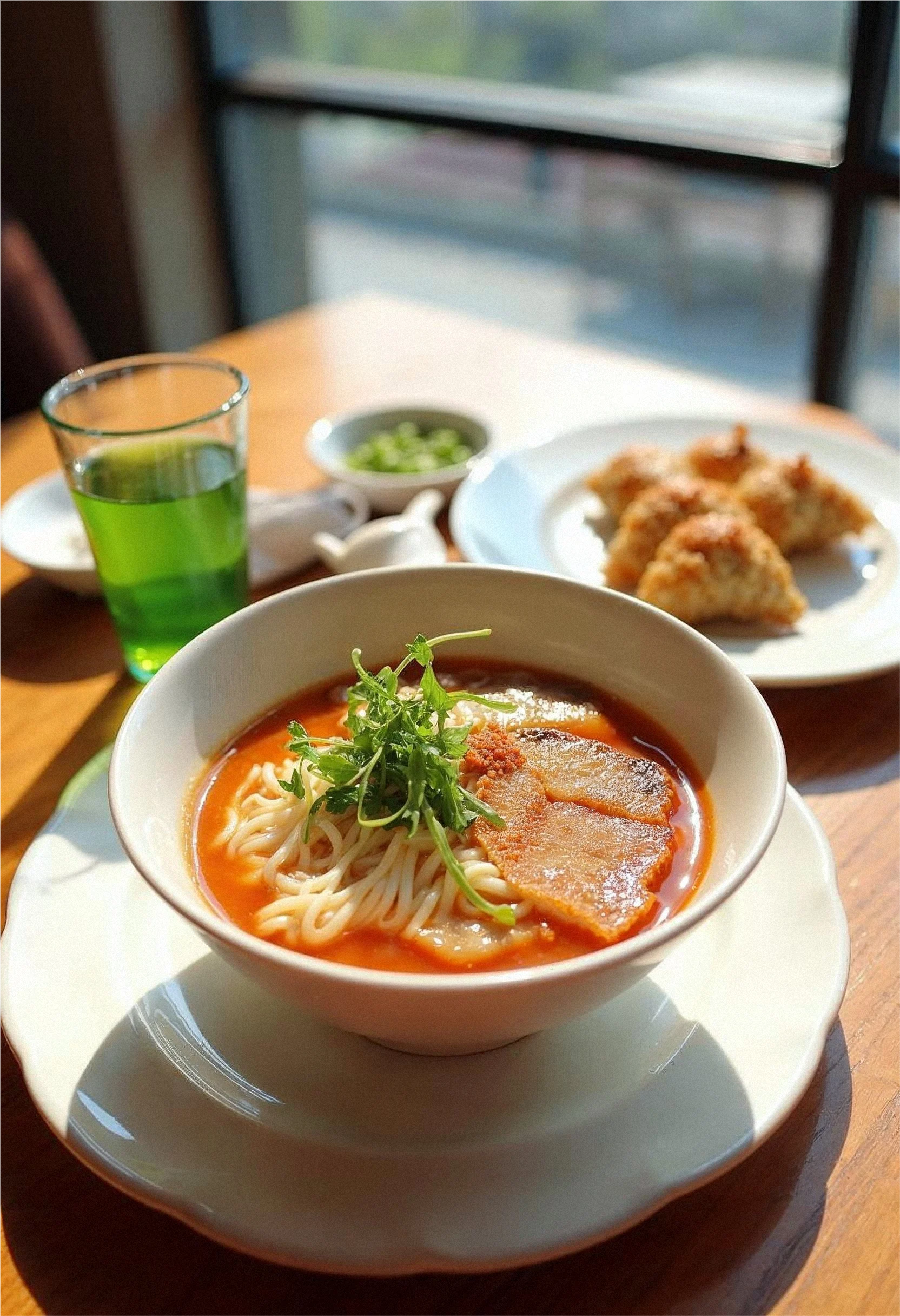 Katsu Ramen paired with gyoza, green tea, and edamame.