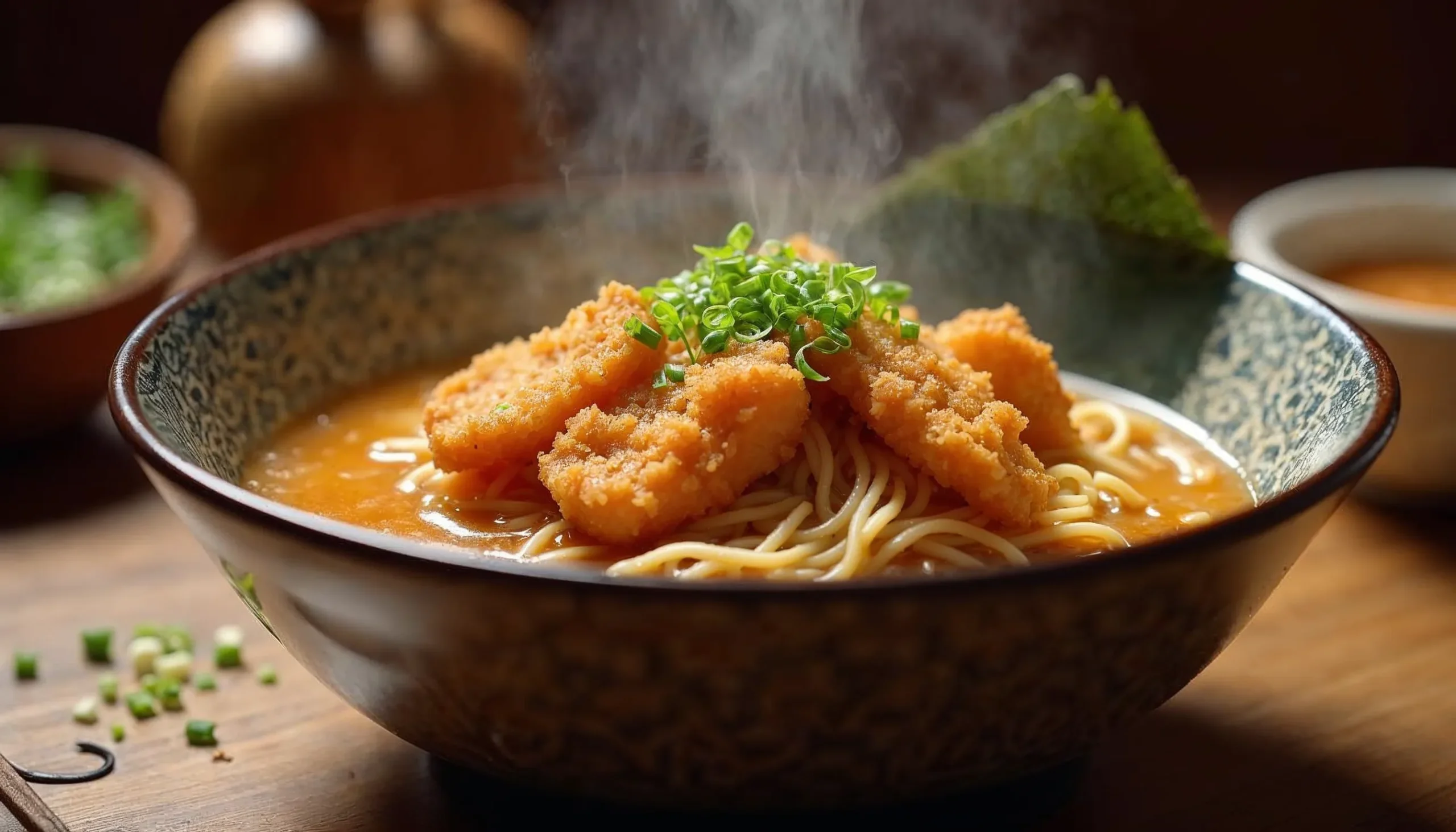 Crispy Katsu Ramen in a bowl with broth, noodles, and toppings.