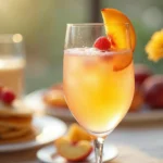 Fresh Bellini Cocktail with peach slice garnish at a brunch table.