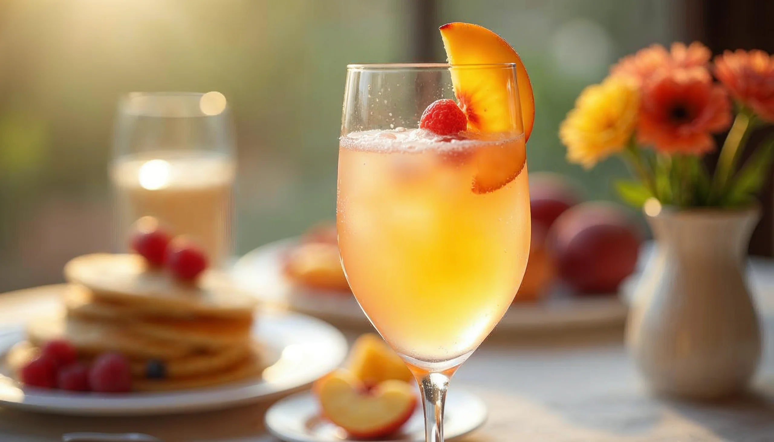 Fresh Bellini Cocktail with peach slice garnish at a brunch table.