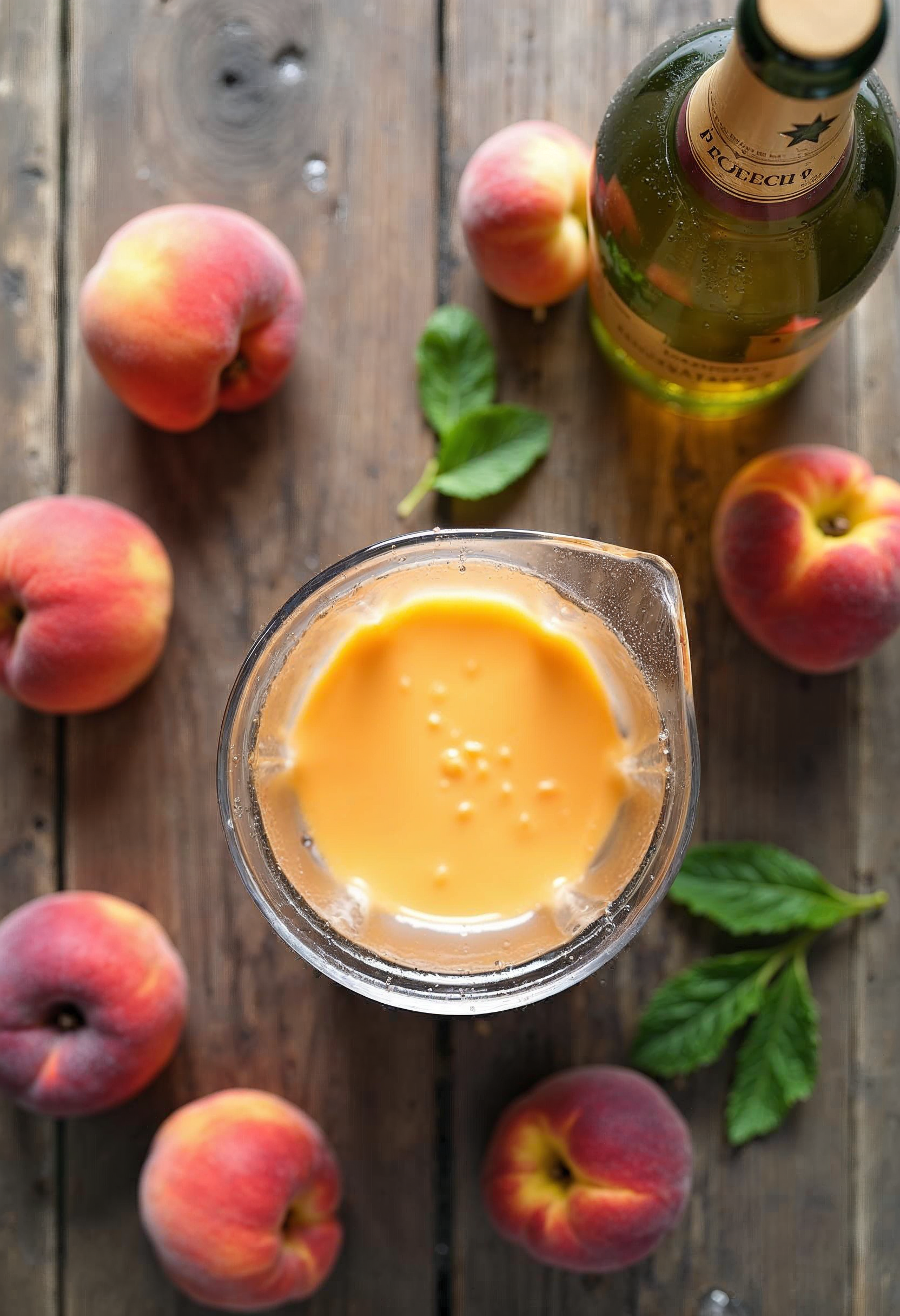 Fresh peaches, Prosecco, and peach puree for a Bellini cocktail.