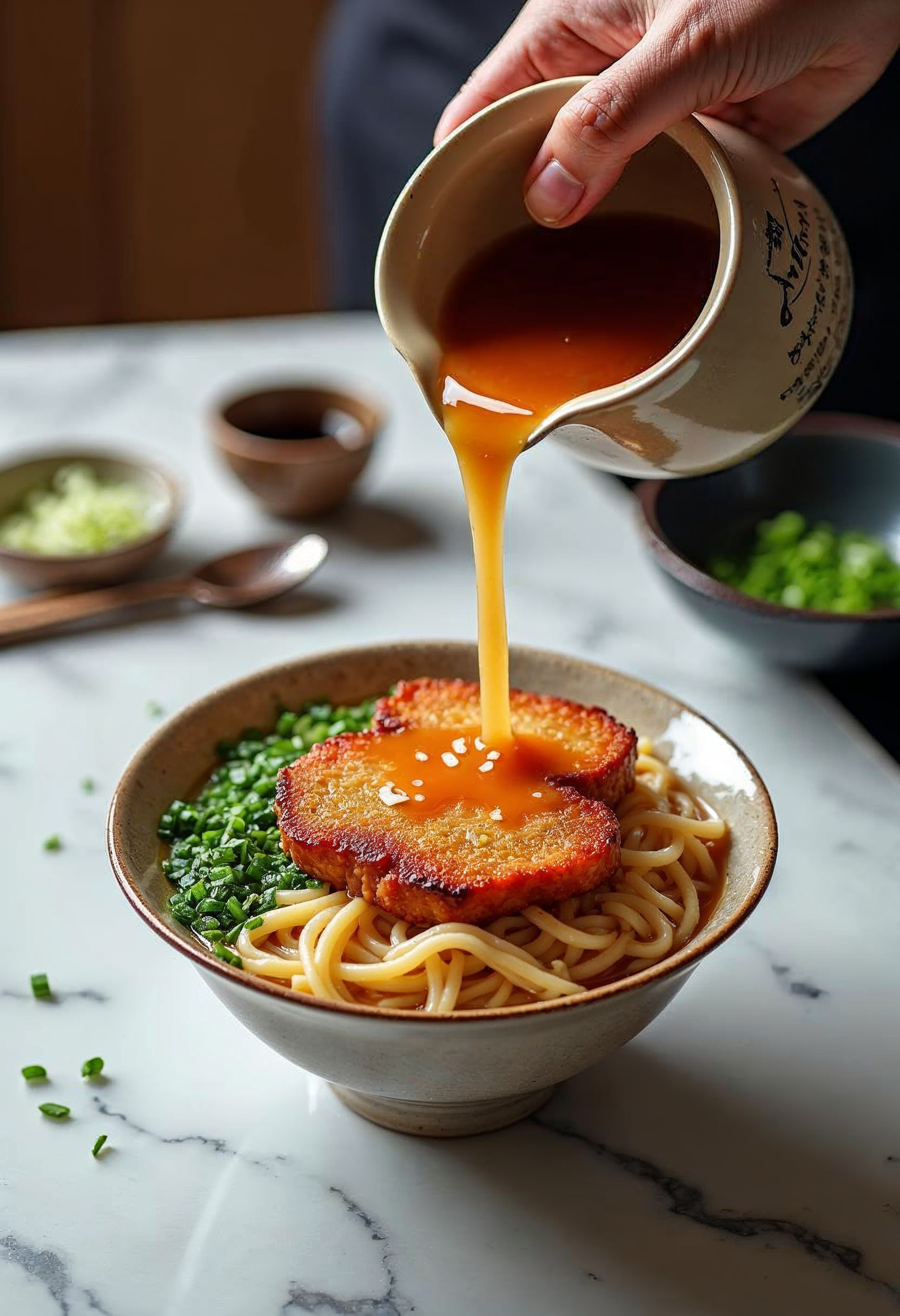 Pouring broth over ramen noodles with crispy katsu.