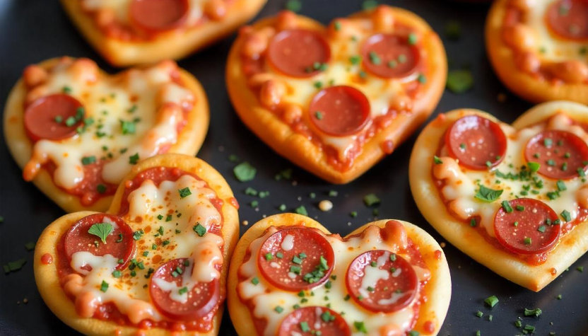 Valentine’s Day Finger Food Ideas heartshaped mini pizzas topped with melted cheese