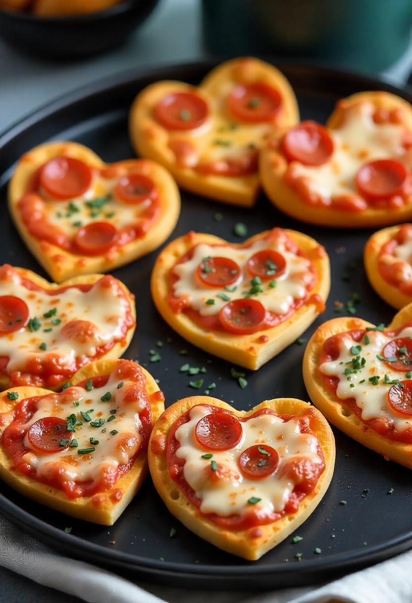 heartshaped mini pizzas topped with pepperoni