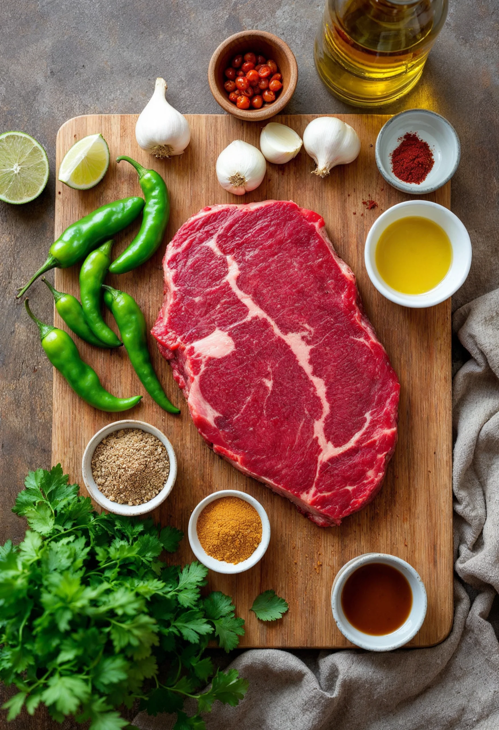 Ingredients for chipotle steak including peppers, garlic, lime, and spices.