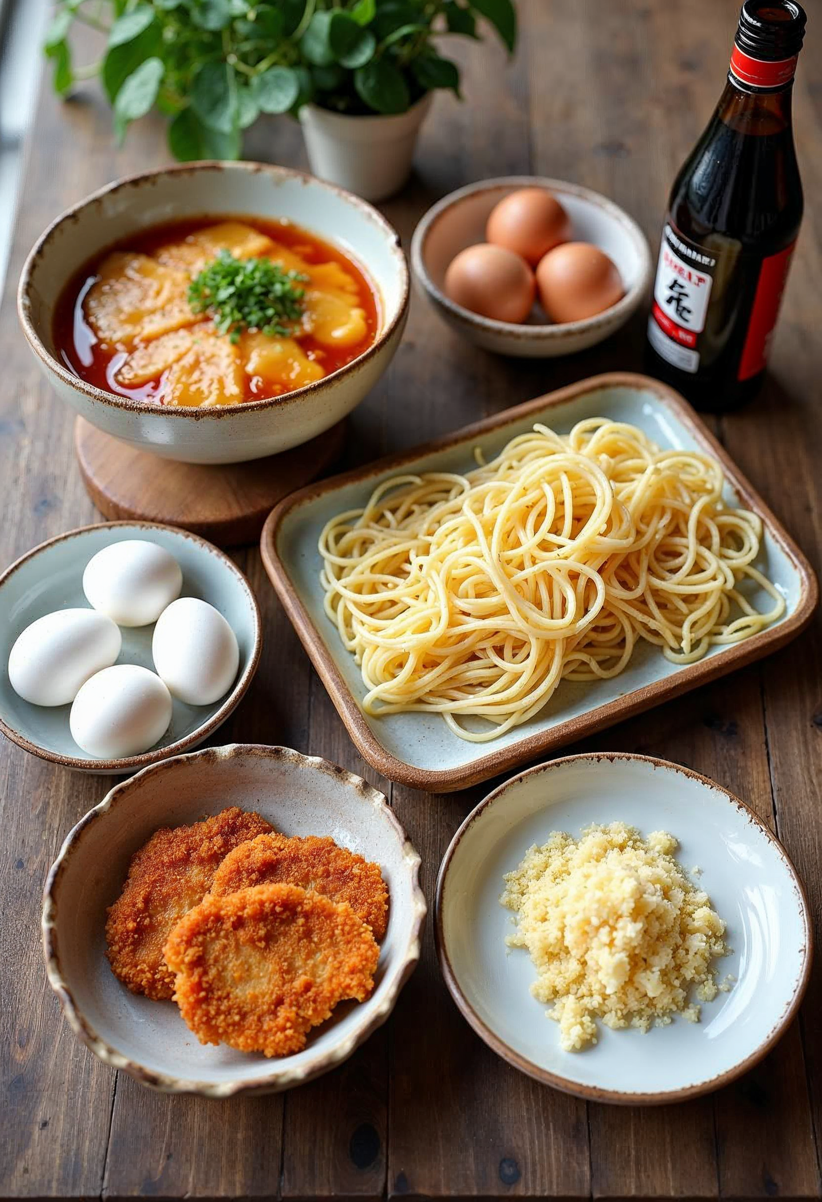 Ingredients for making Katsu Ramen: noodles, cutlets, panko, and eggs.