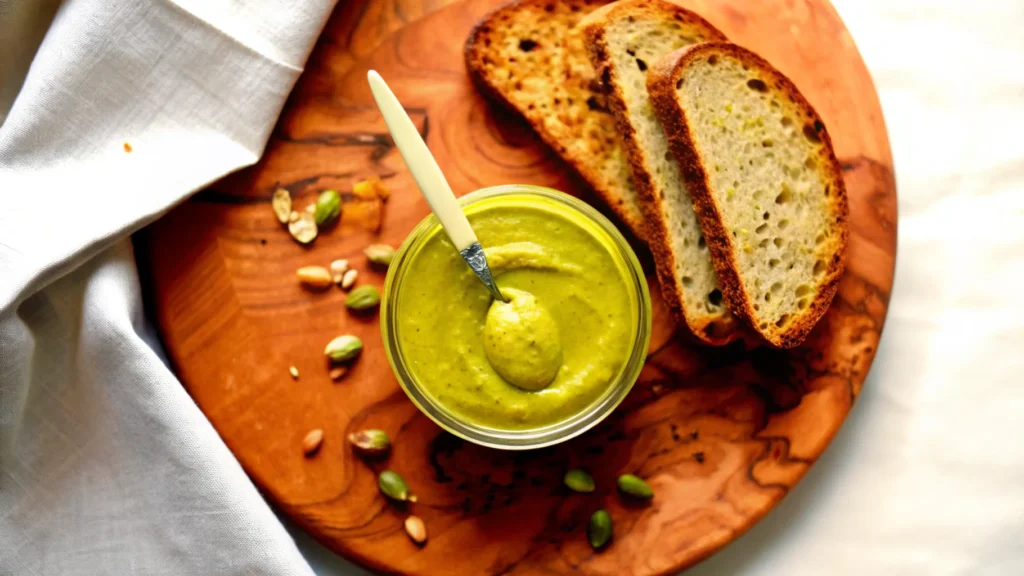 Creamy homemade pistachio butter in a jar with pistachios and toast