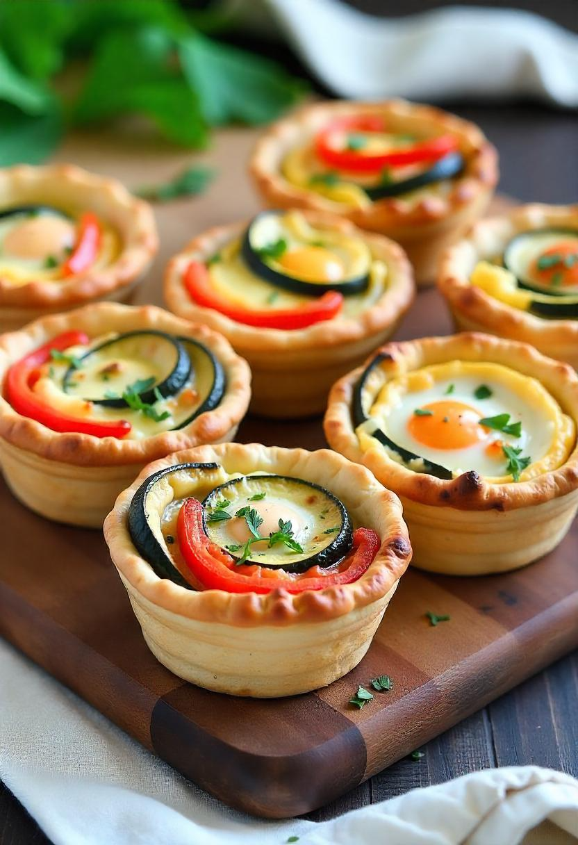 seven baked vegetable tartlets arranged on a woode