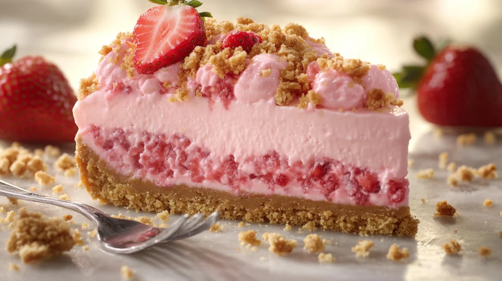 Strawberry crunch cheesecake topped with strawberries and crumb topping on a wooden table.