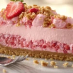 Strawberry crunch cheesecake topped with strawberries and crumb topping on a wooden table.