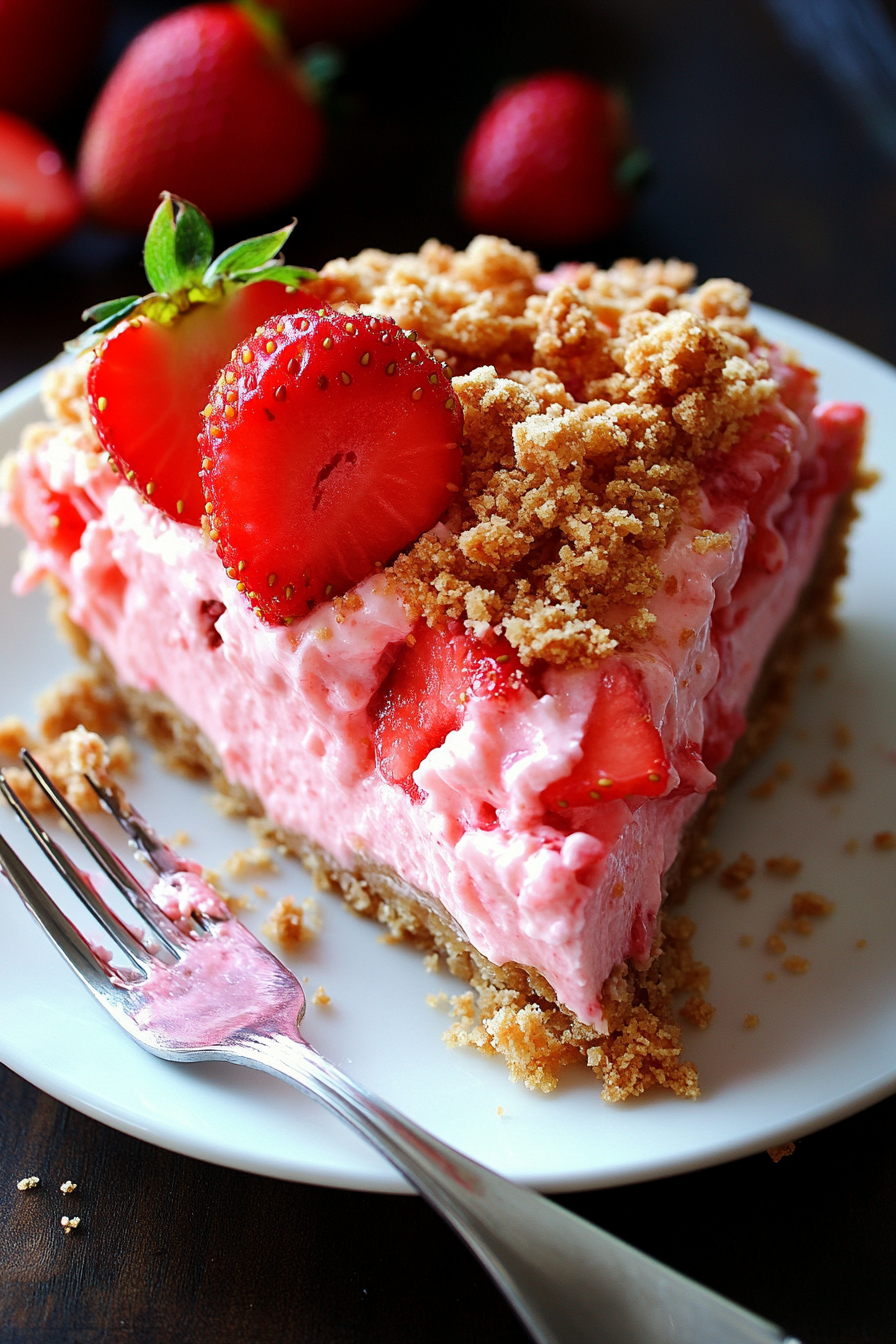 A slice of Strawberry Crunch Cheesecake served on a white plate with a fork and garnished with fresh strawberries.