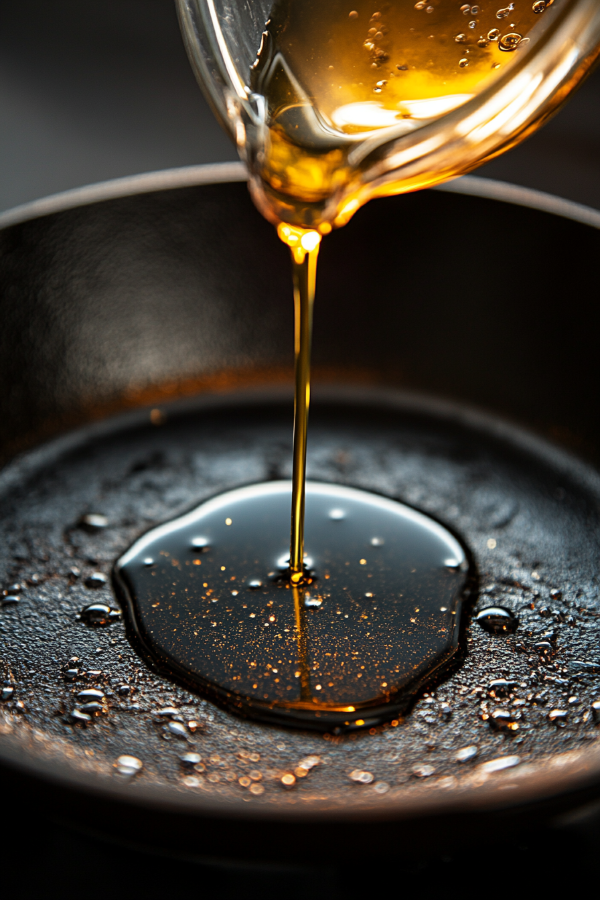 A cast-iron skillet with sautéed green beans being seasoned with oil and spices from a clear bowl, shot in natural light with a clean white background.