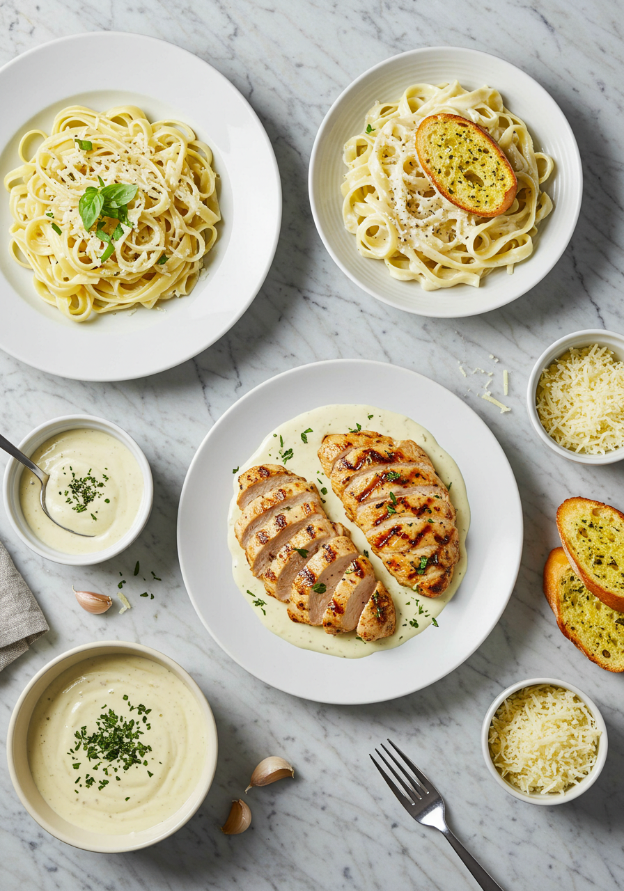 A variety of dishes served with 3 Ingredient Alfredo Sauce, including pasta, grilled chicken, and garlic bread for dipping.